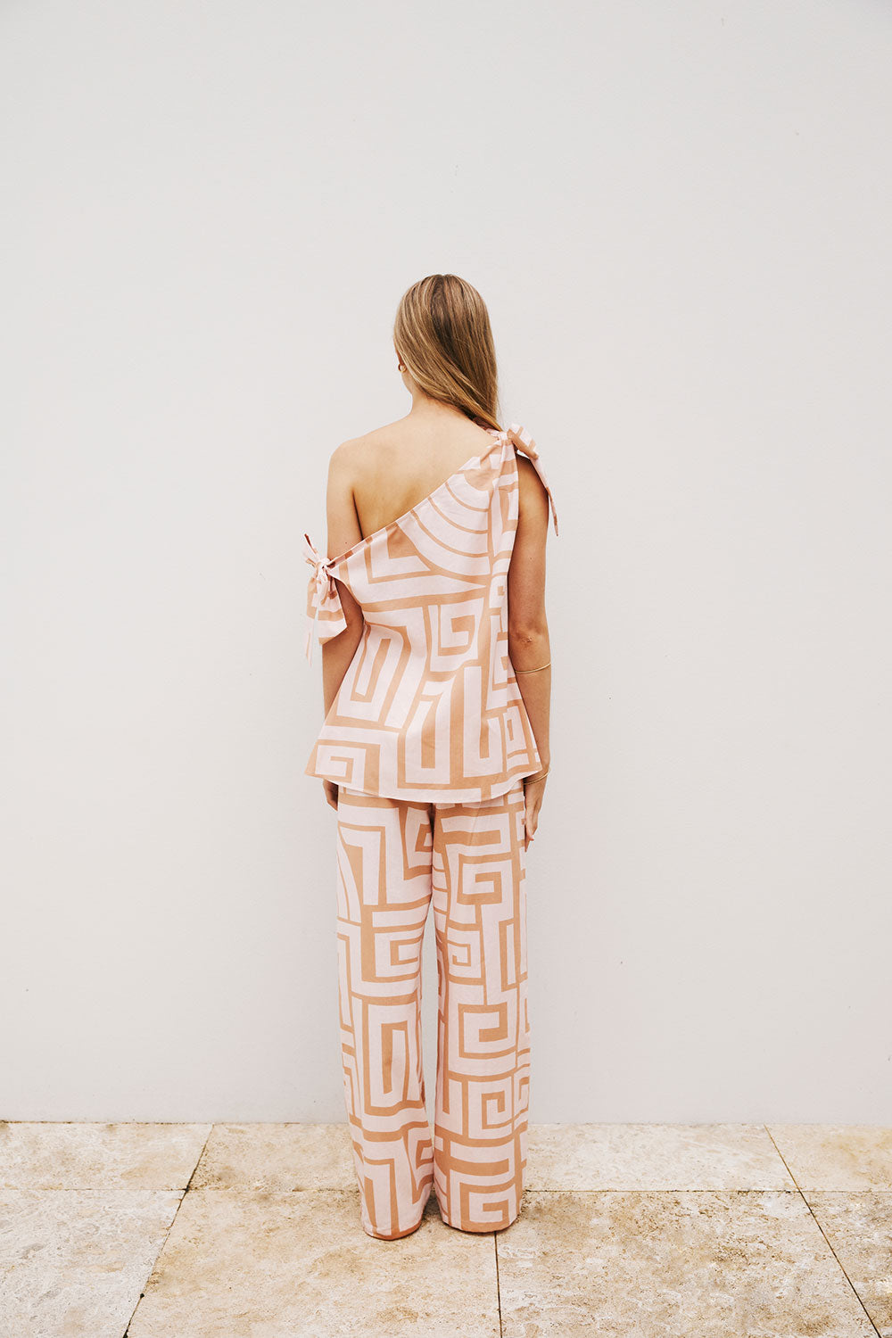 Pink Hellenic Maze One-Shoulder Tie Kahli Top