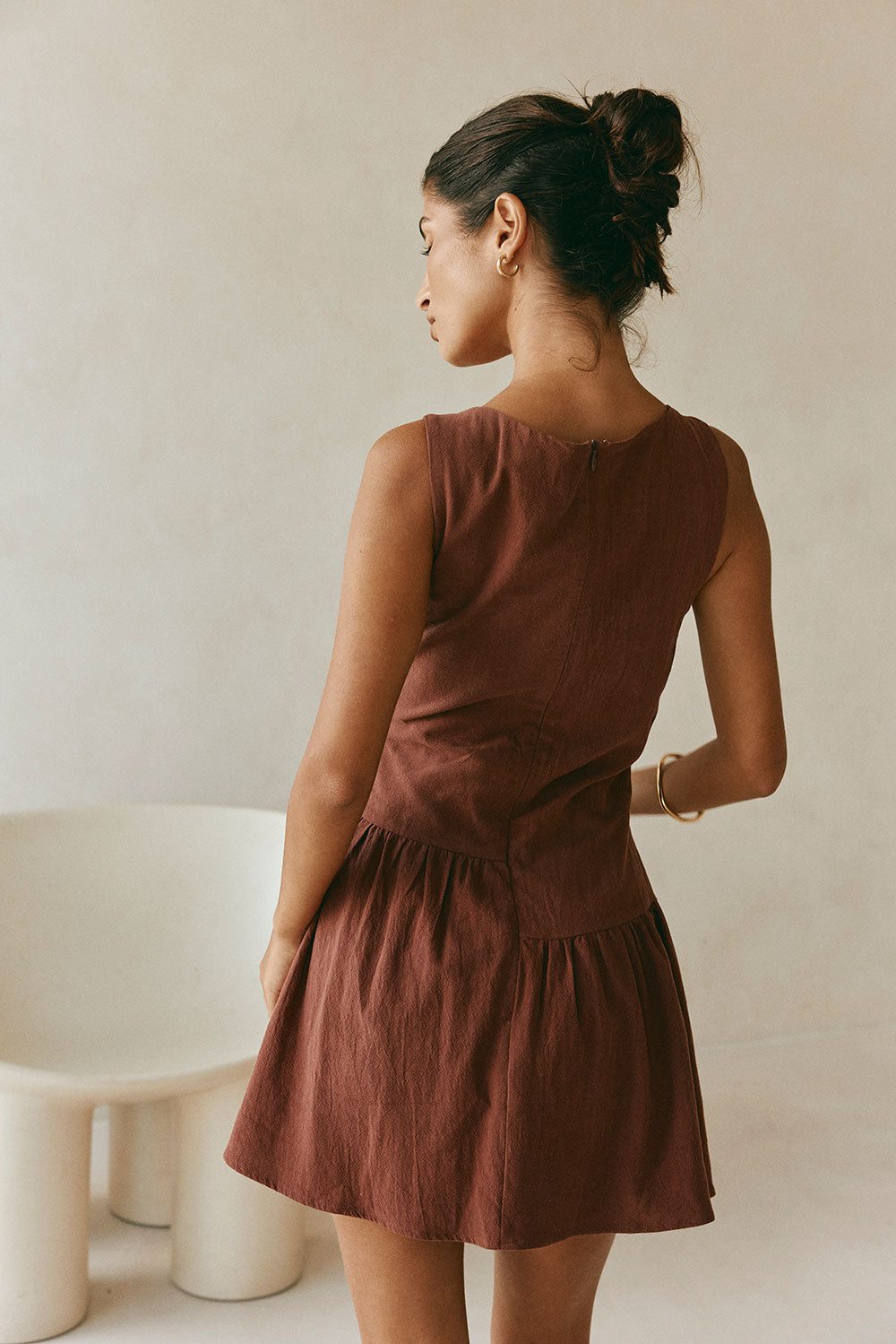 Alfresco Button Flounce Mini Dress - Chocolate