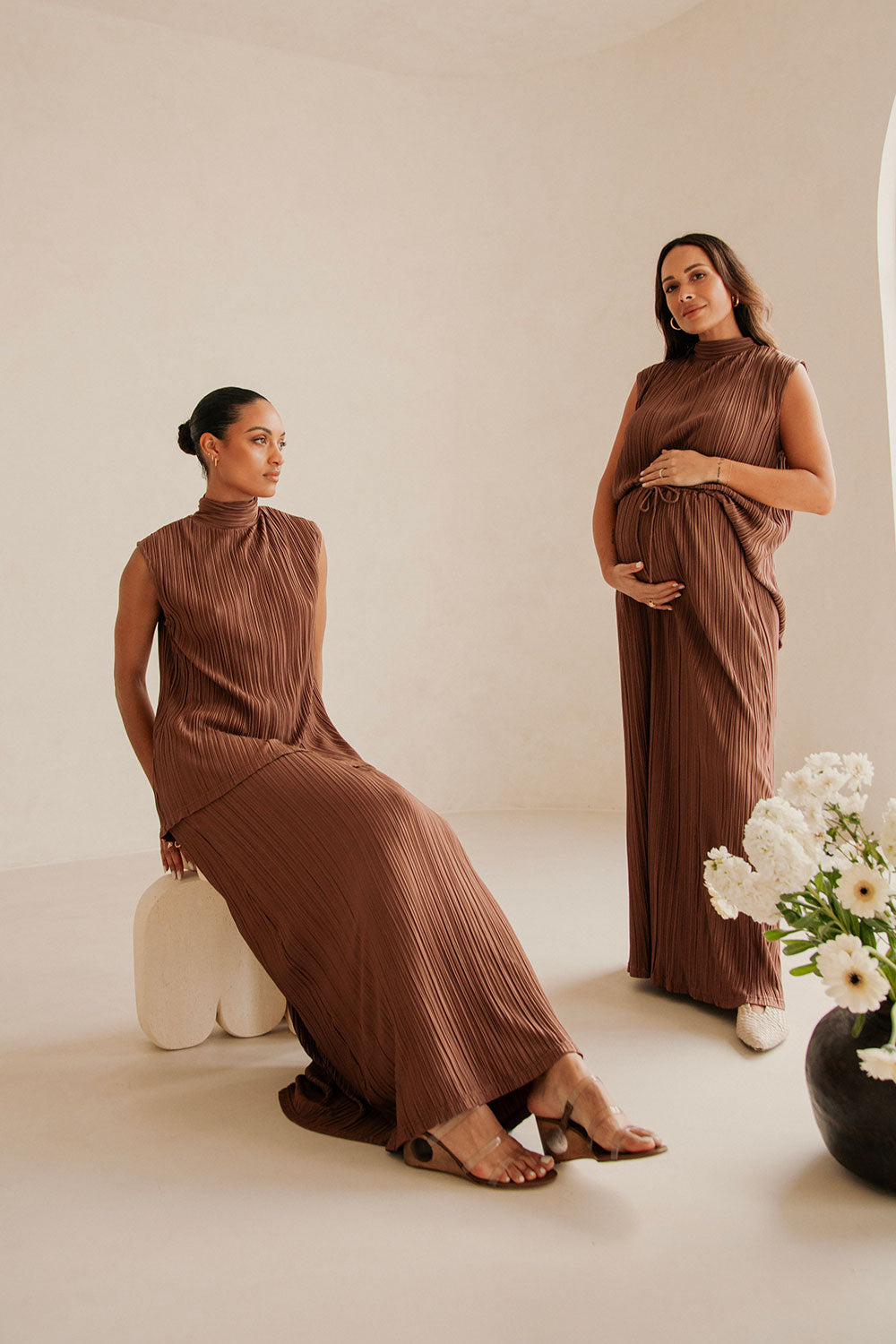 Brown Silky Pleat Drawstring Maxi Catalyna Skirt