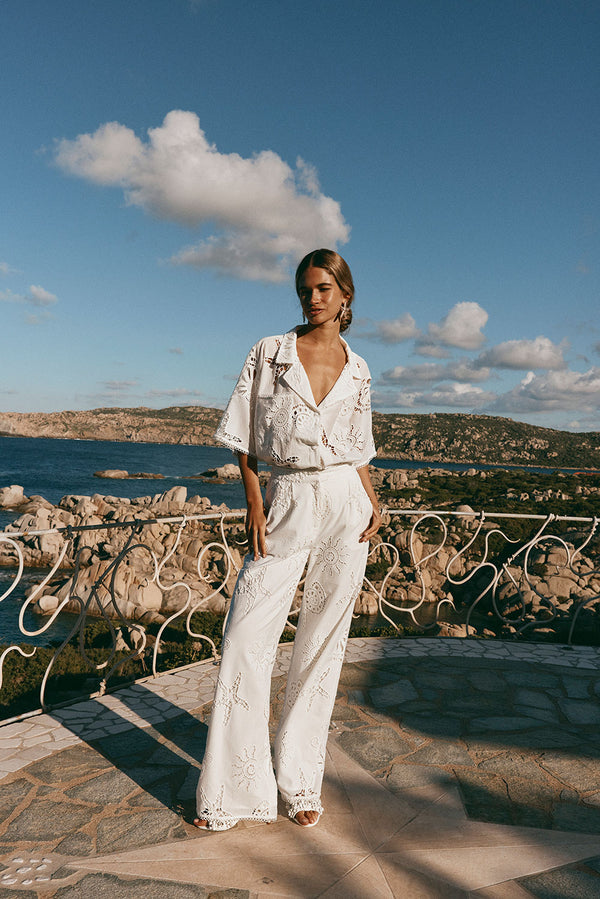 Nissi Collared White Embroidered Short Sleeve Shirt - Corallo Bianca