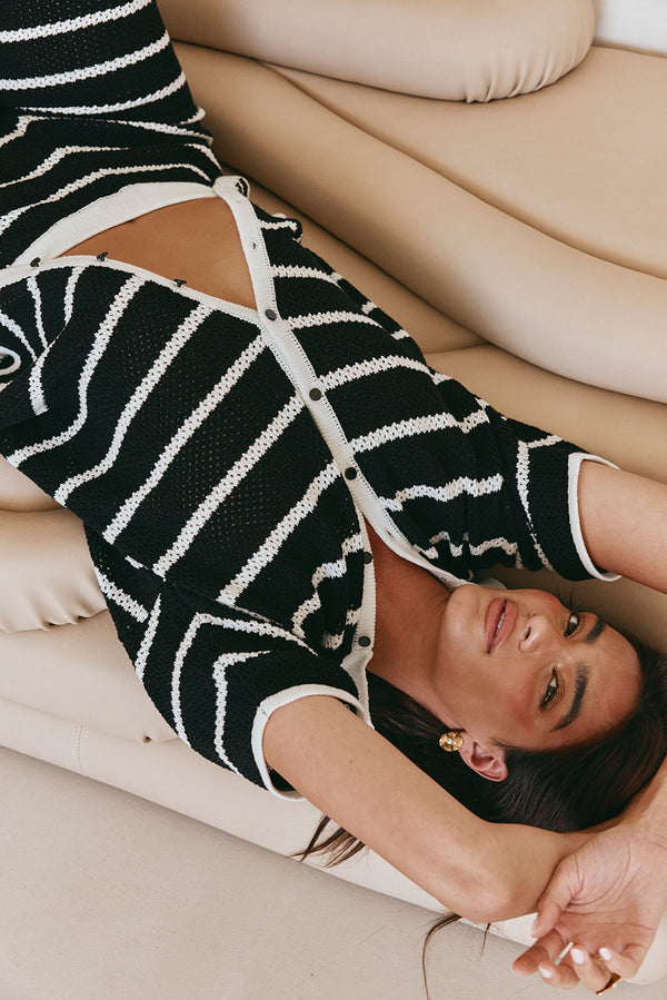Black And White Stripe Knit Button Up Collar Mia Top