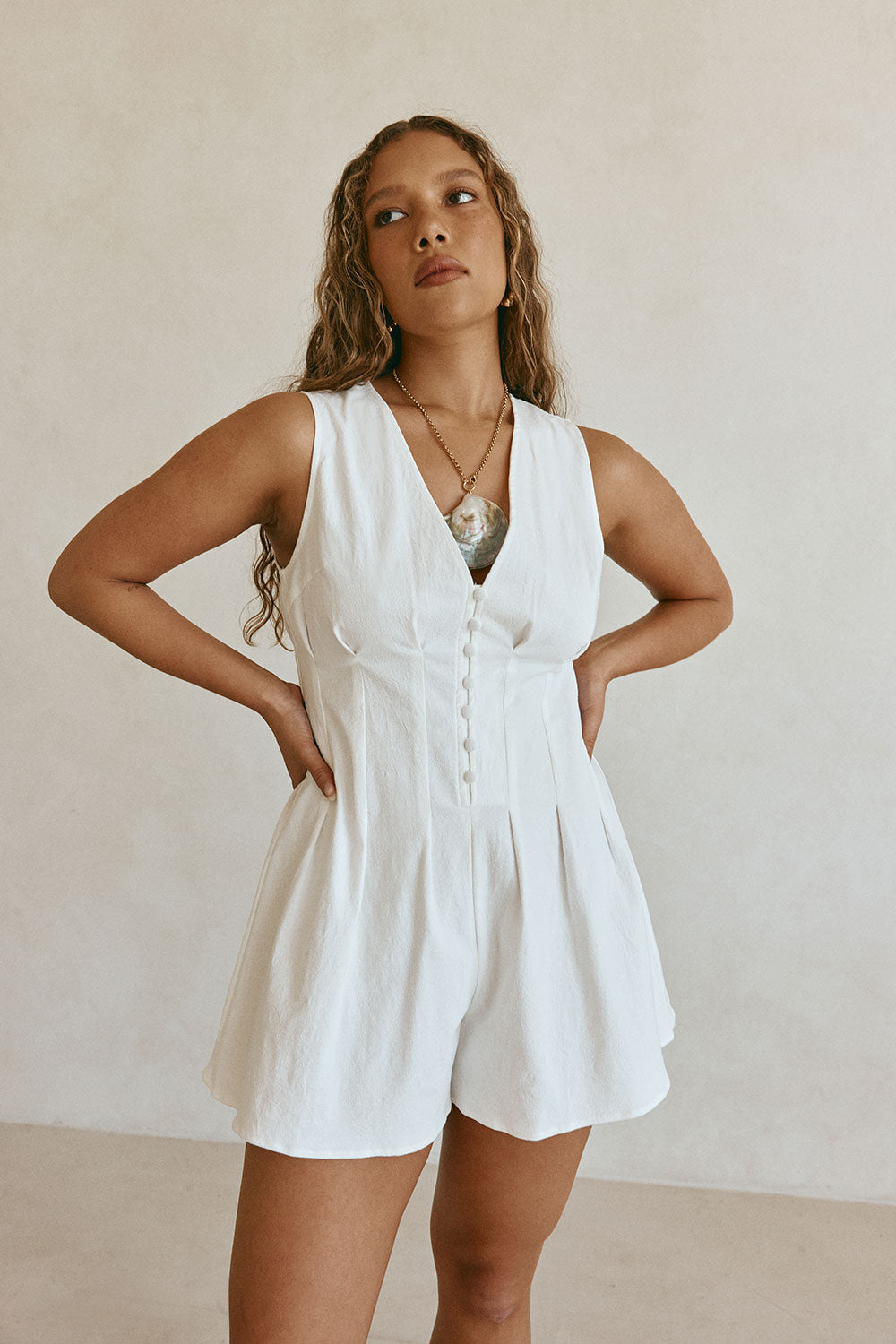 White Pleat Button V Neck Ashli Playsuit