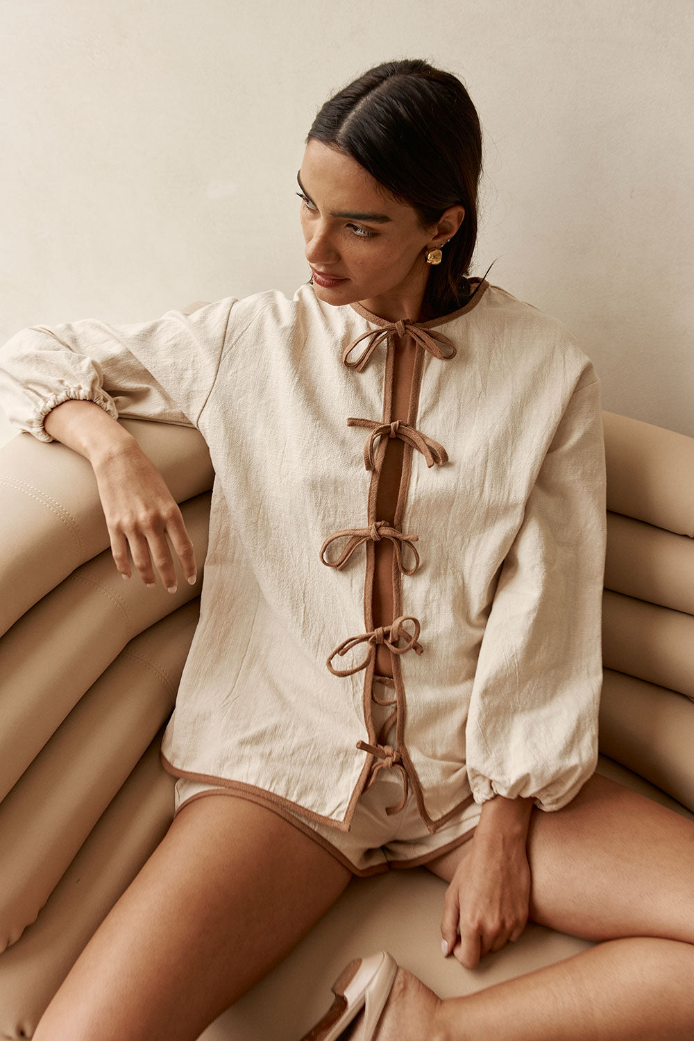 Beige Puff Sleeve Front Tie Paloma Top