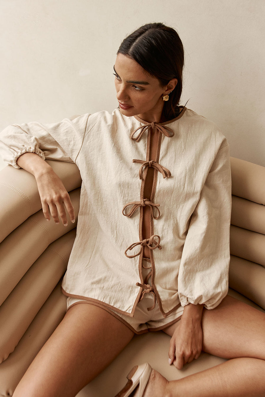 Beige Puff Sleeve Front Tie Paloma Top