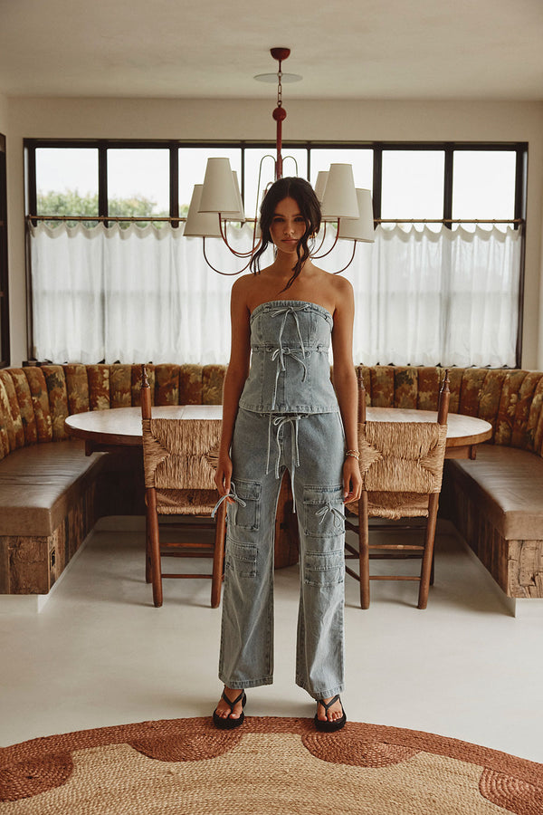 Blue Denim Tie Pocket Cargo Jaicee Pants