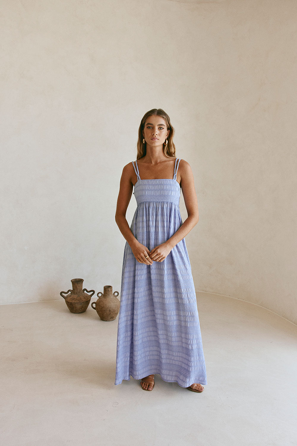 Blue Strappy Gathered Empire Maxi Cataleya Dress