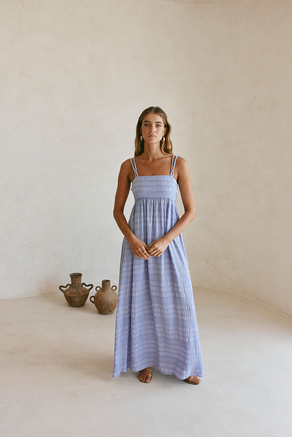 Blue Strappy Gathered Empire Maxi Cataleya Dress