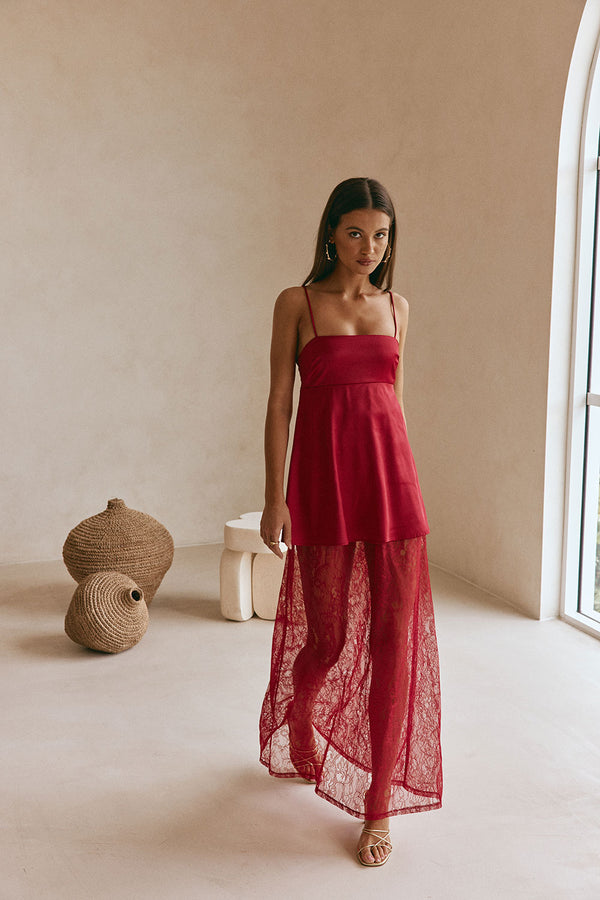 Red Silky Lace Strappy Maxi Dove Dress