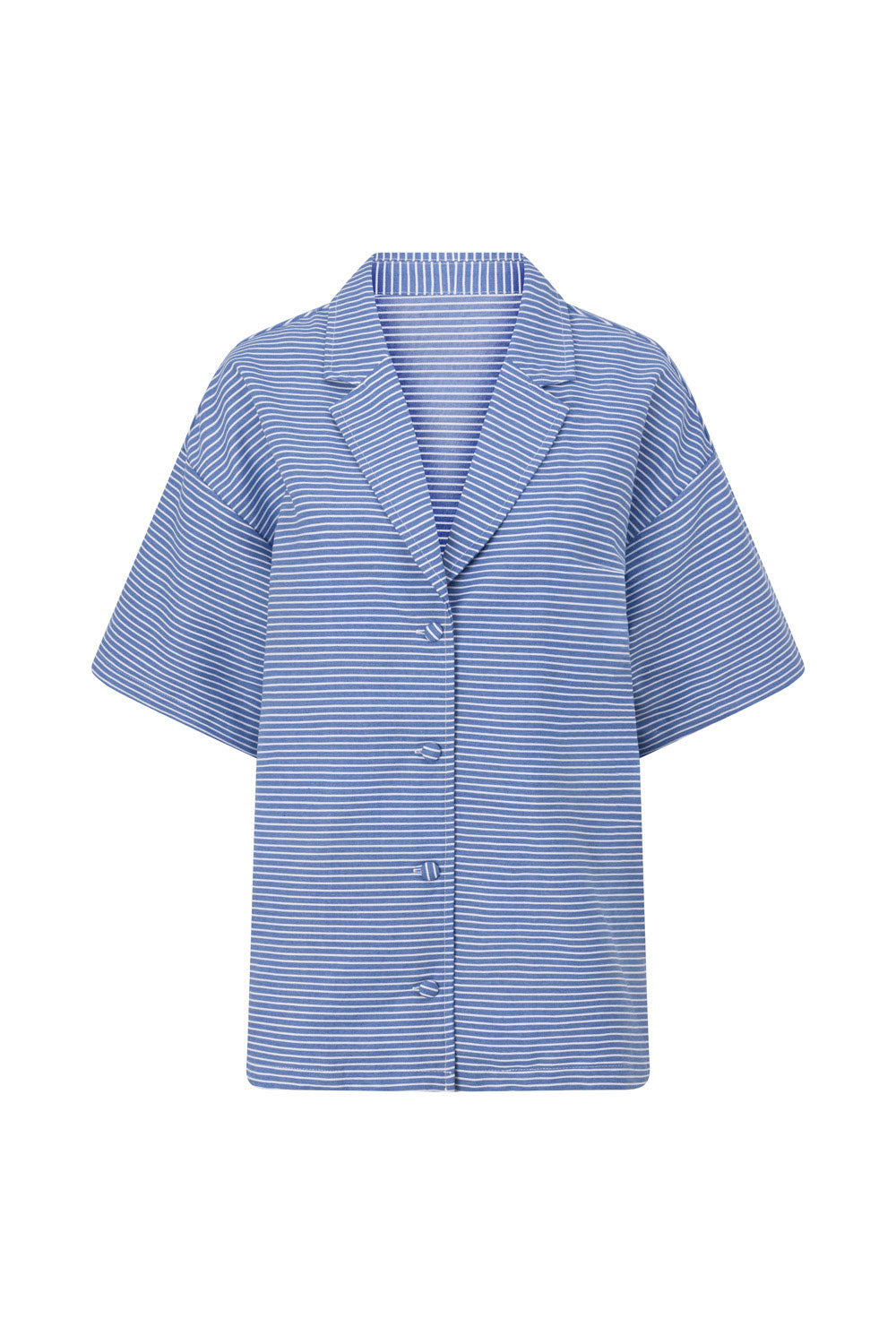 Blue Stripe Button Up Collar Short Sleeve Alyssia Top