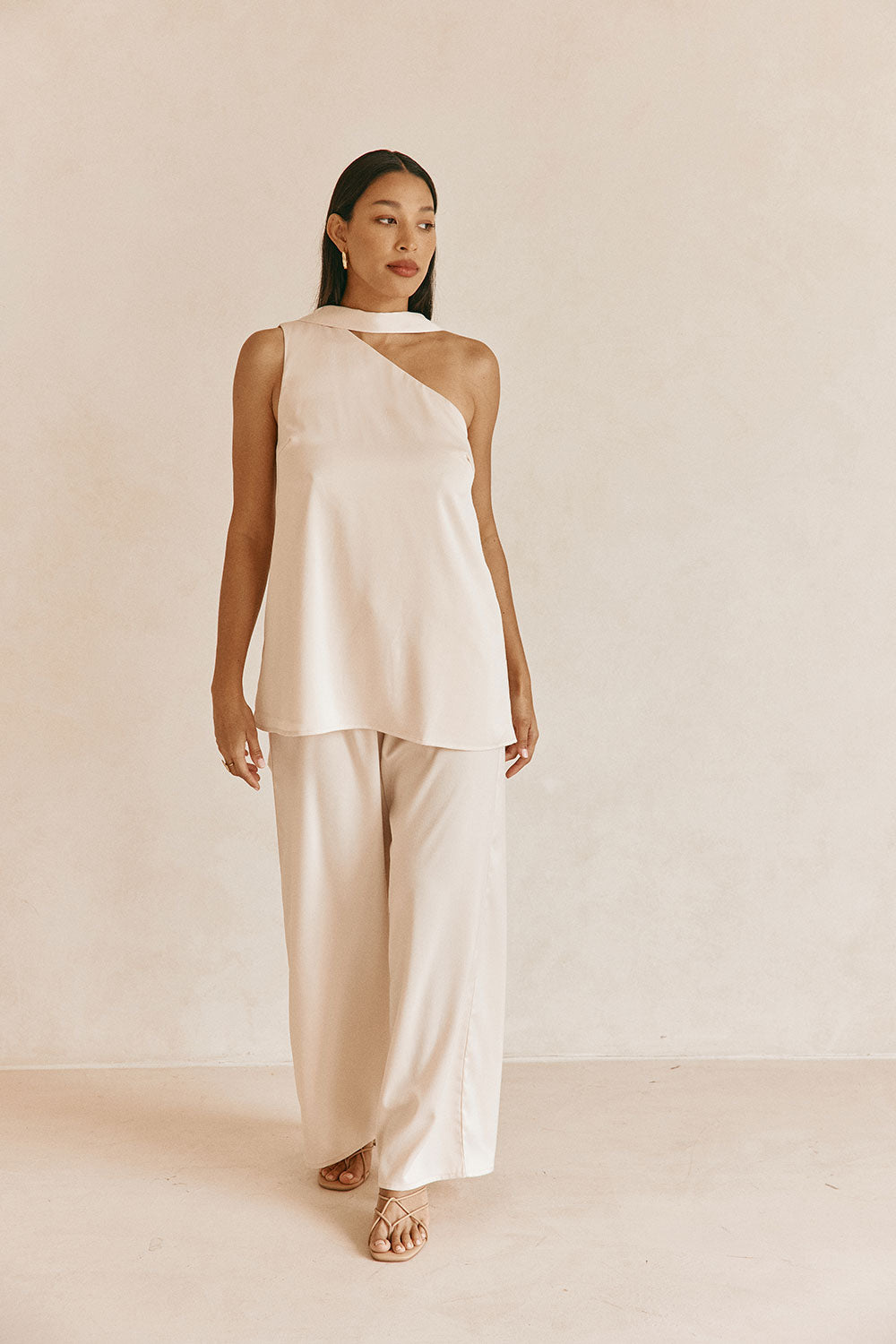 Beige Silky Elastic Drawstring Koda Pants