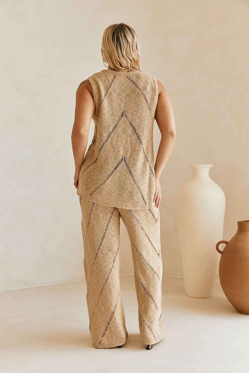 Tan Knit High Waist Ladder Pannel Josiah Pants