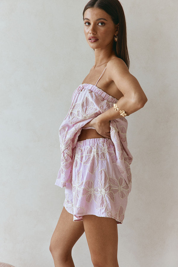 Bloom Pink Embroidered Elastic Drawstring Hazel Shorts