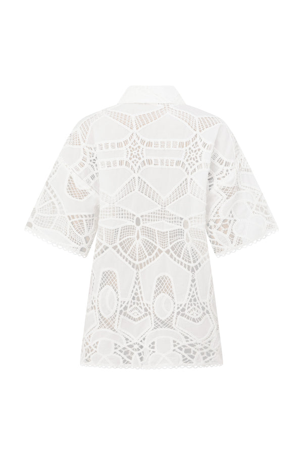 White Embroidered Cutwork Button Up Cielo Shirt