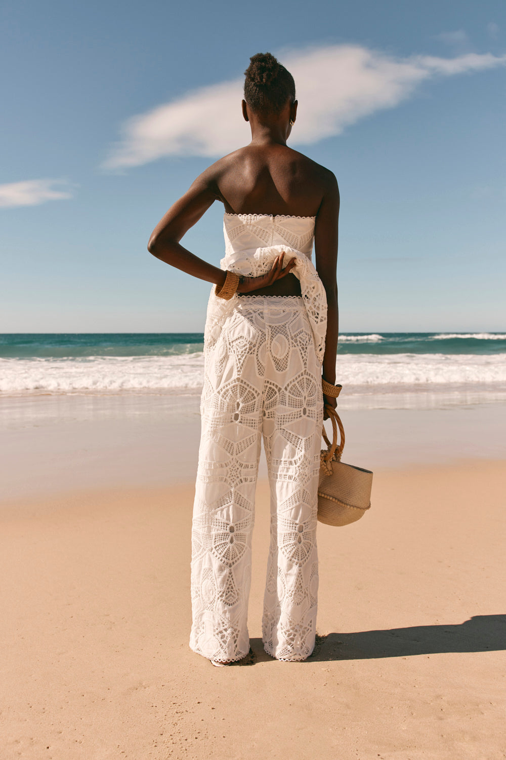 White Embroidered Cutwork Wide Leg Donna Pants