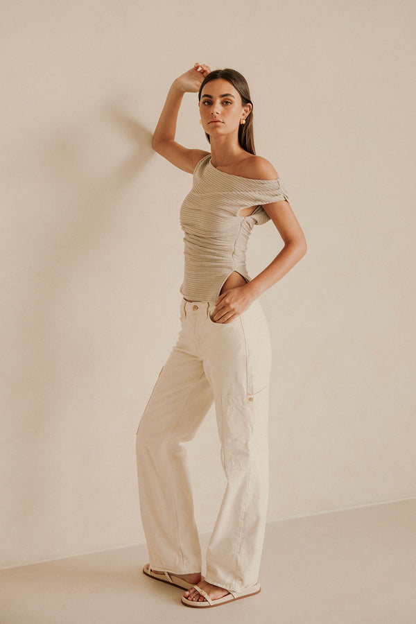 Grey Ribbed Asymmetric Ruched Deni Top