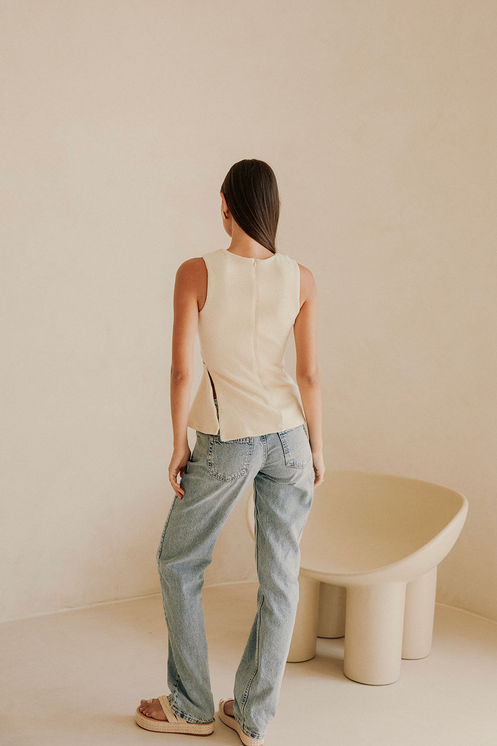 Cream Ribbed Cutout A-Line Bronte Top