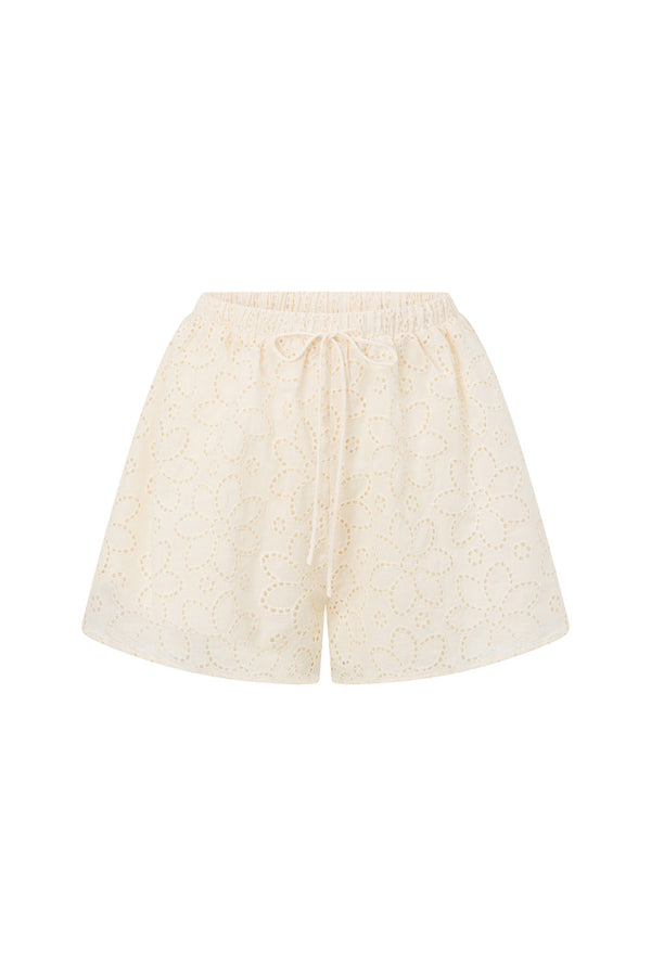 Beige Broderie Elastic Drawstring Hazel Shorts