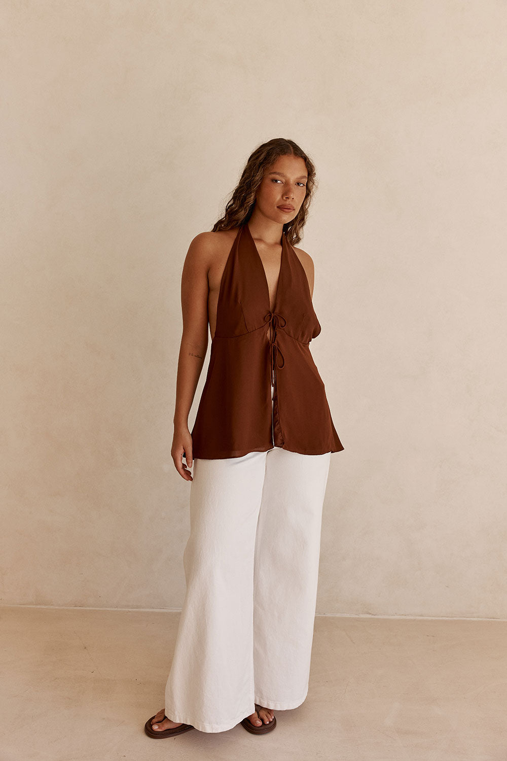 Chocolate Brown V Neck Halter Liora Top