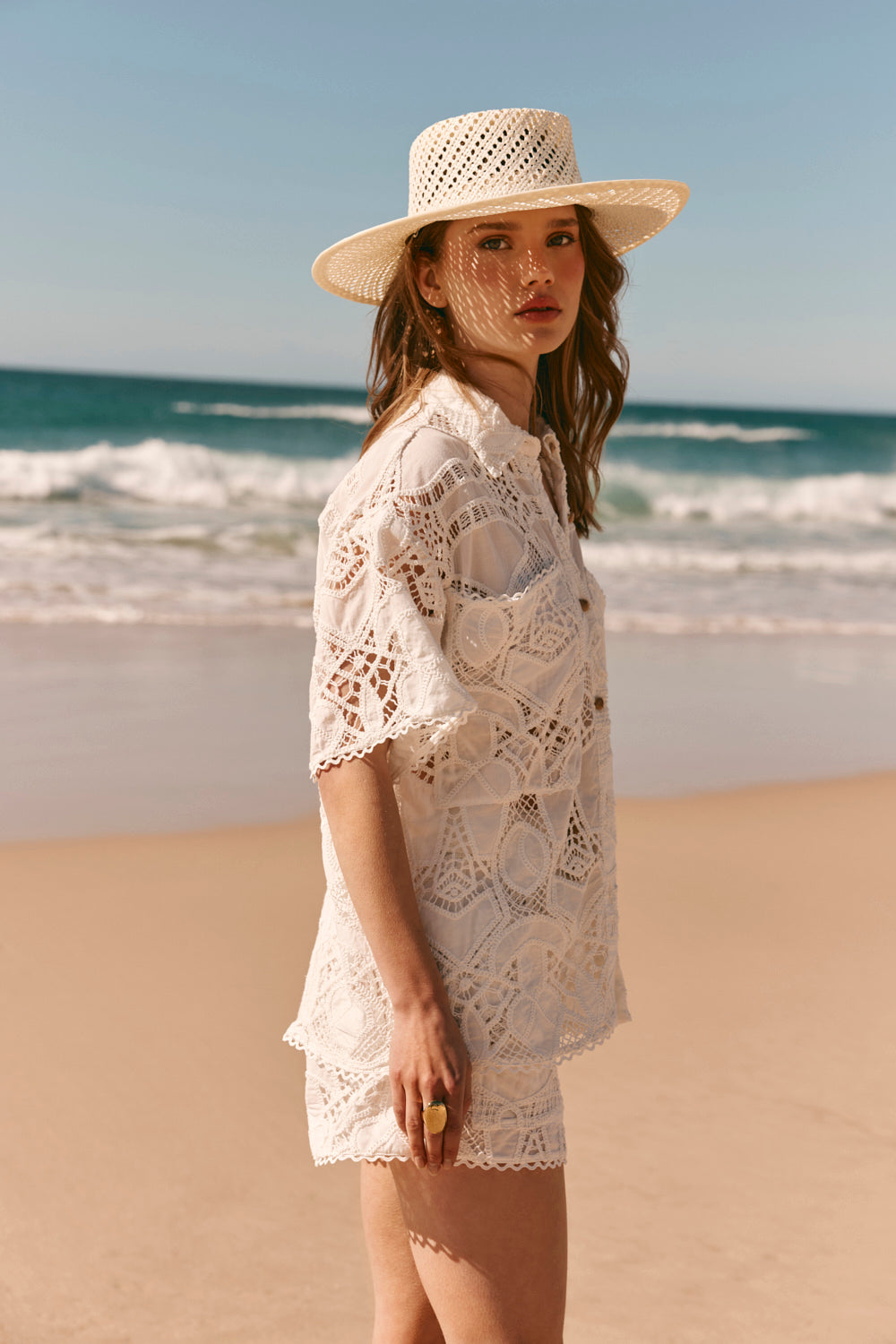 White Embroidered Cutwork Button Up Cielo Shirt