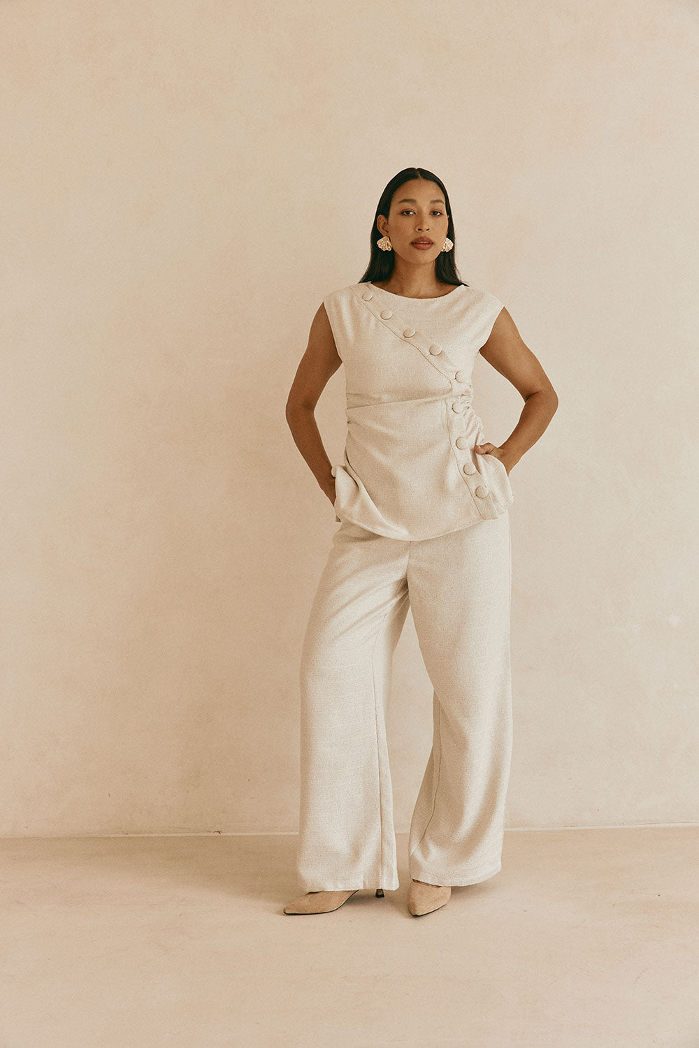 Beige Asymmetric Waist Straight Leg Azul Trouser Pants