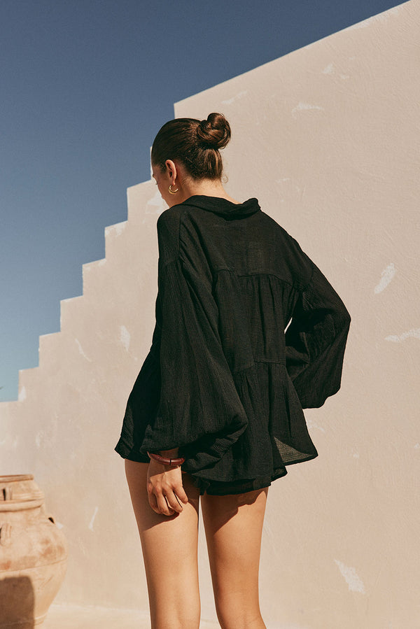 Huxley Panelled Button Up Collared Long Sleeve Top - Black