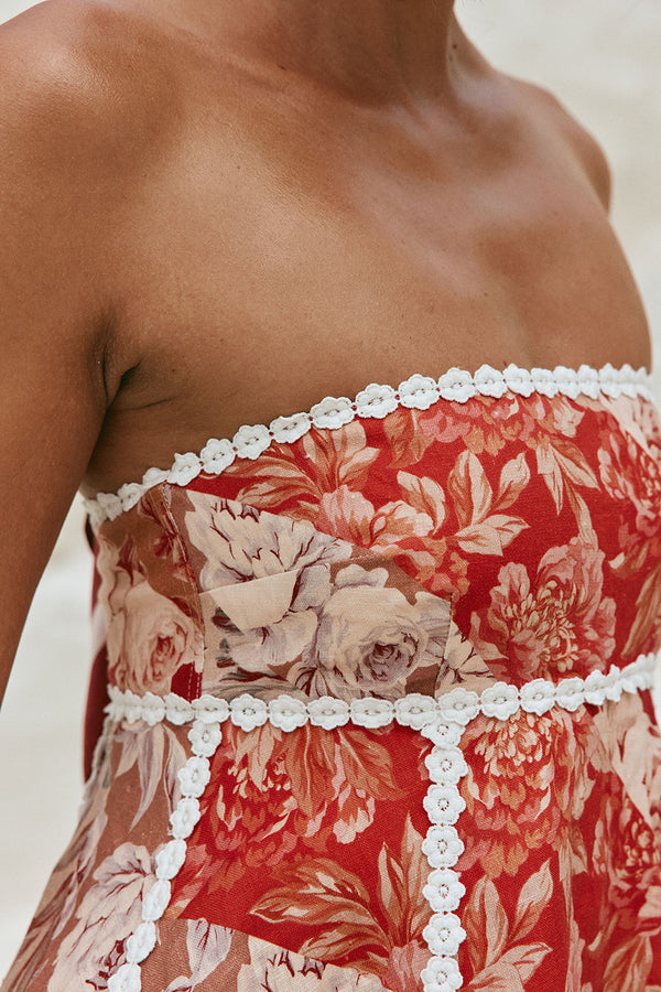 Red Floral Solafleur Print Strapless Hera Playsuit