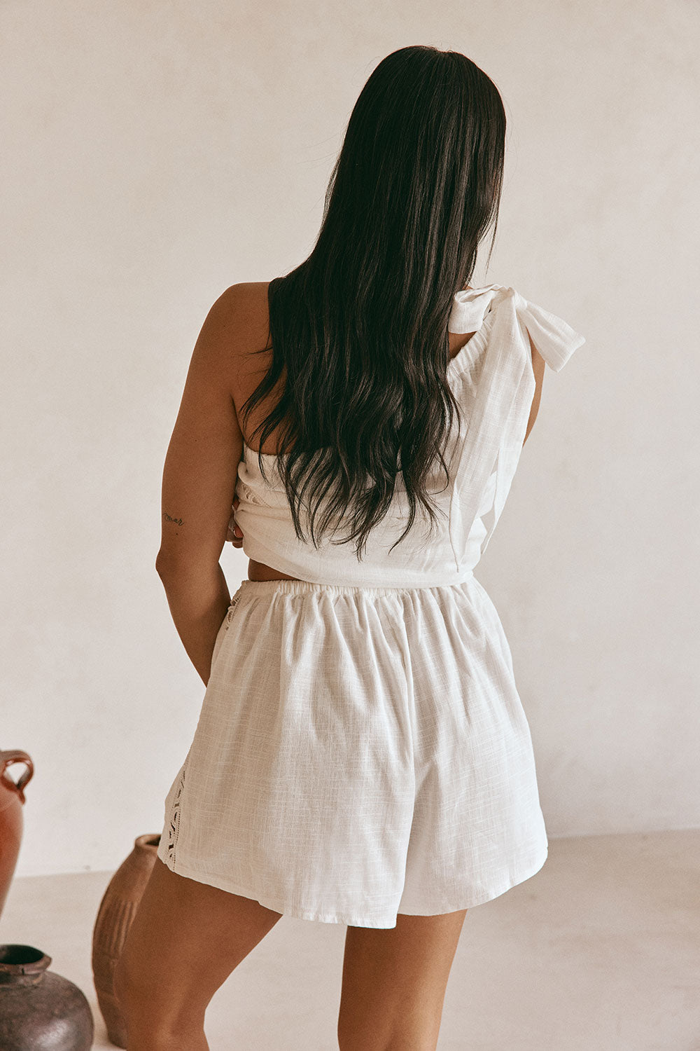 White Cotton Elastic Drawstring Stella Shorts