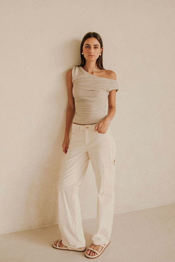 Grey Ribbed Asymmetric Ruched Deni Top
