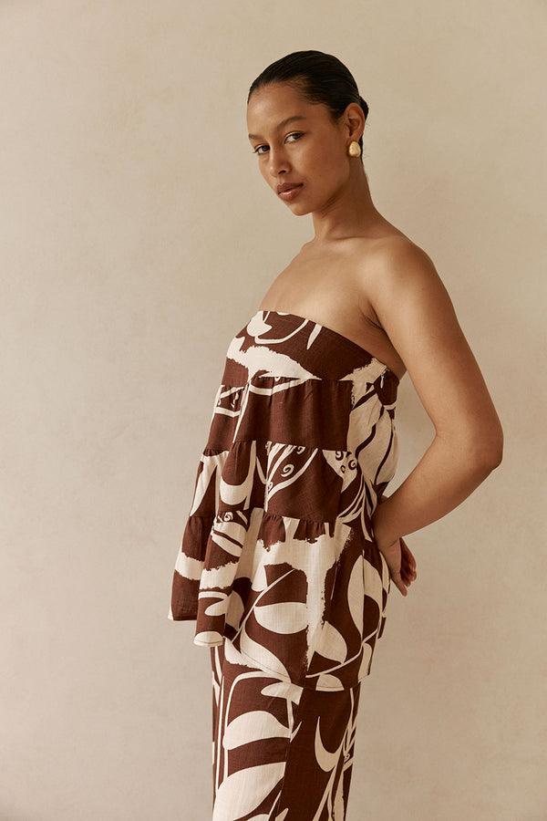 Brown and Cream Painted Tiles Strapless Presley Top