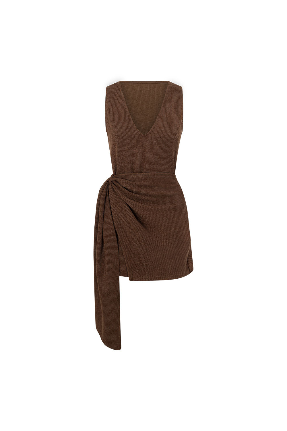 Brown Ribbed V-Neck Wrap Mini Oliana Dress