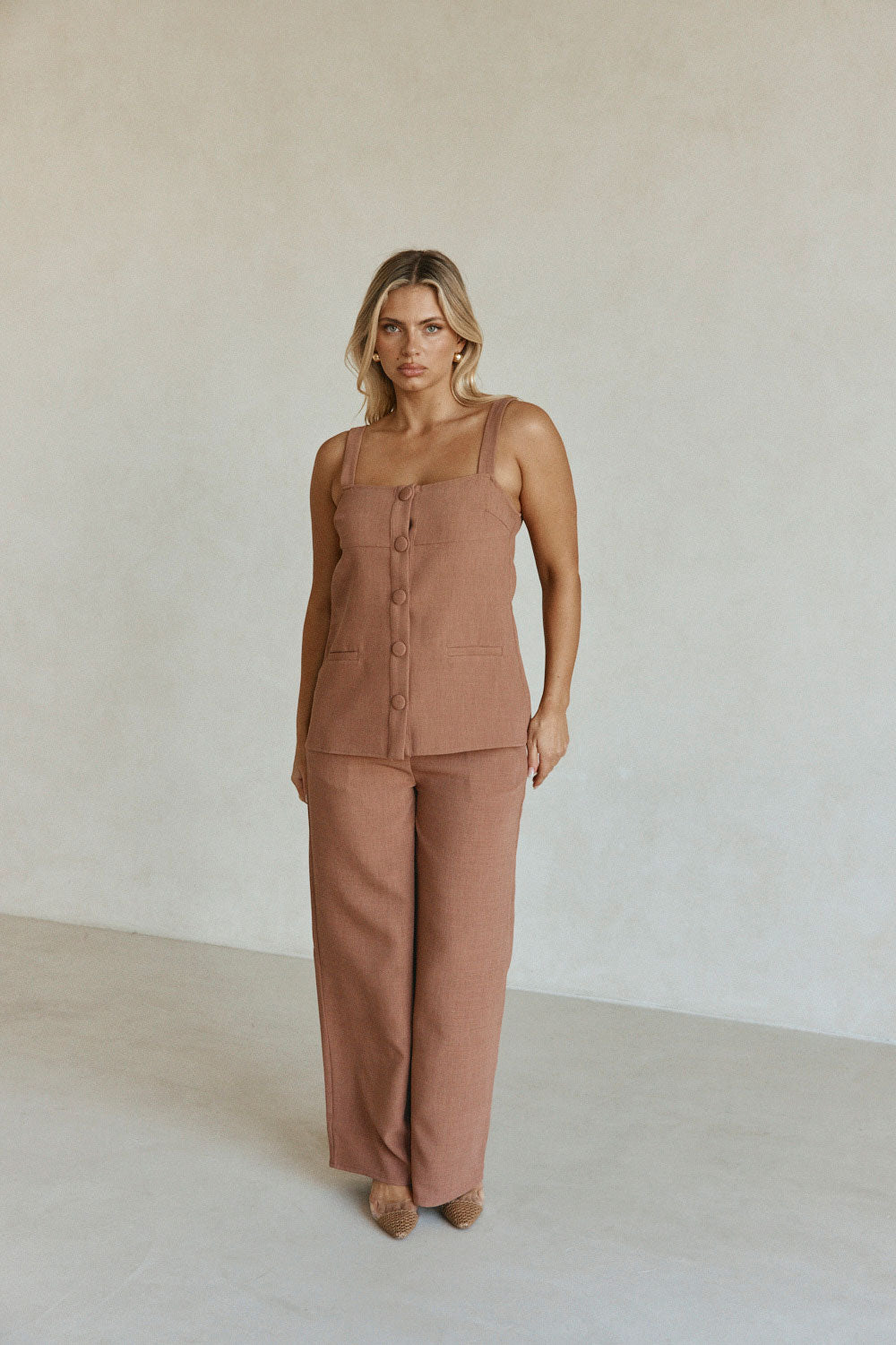 Tan Suiting Button Waist Raven Trouser Pants