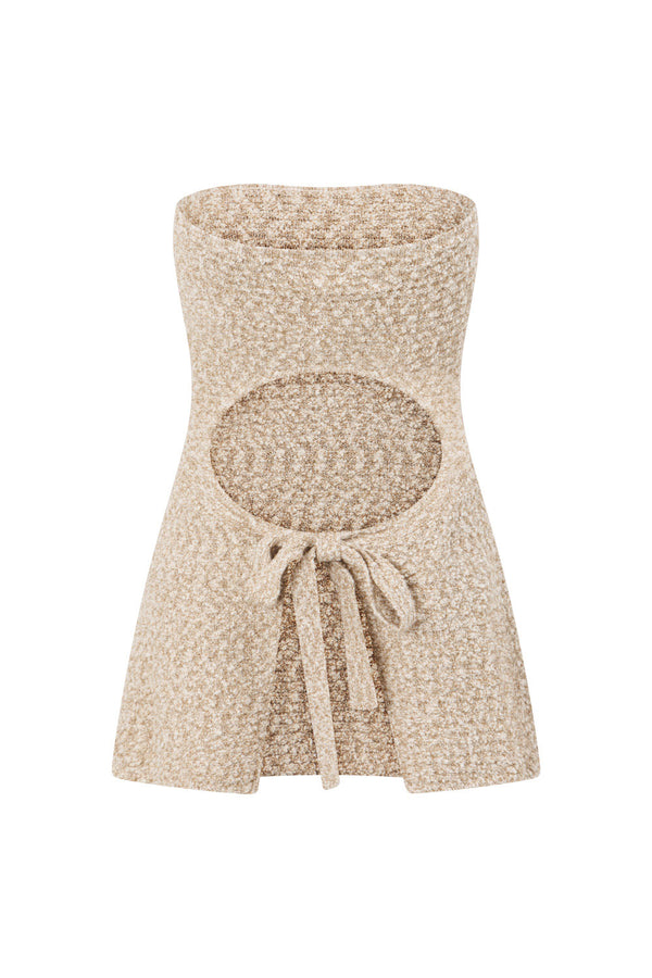 Brown and White Knit Strapless Backless Soha Top