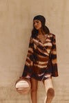 Brown Mirage Bloom Print Satin Mini Wrap Haven Dress