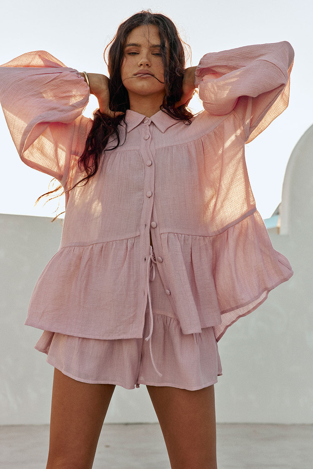 Blush Pink Long Sleeve Button Up Panel Huxley Top