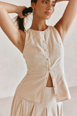 Beige Cotton Round Neck Button Up Panel Adri Top