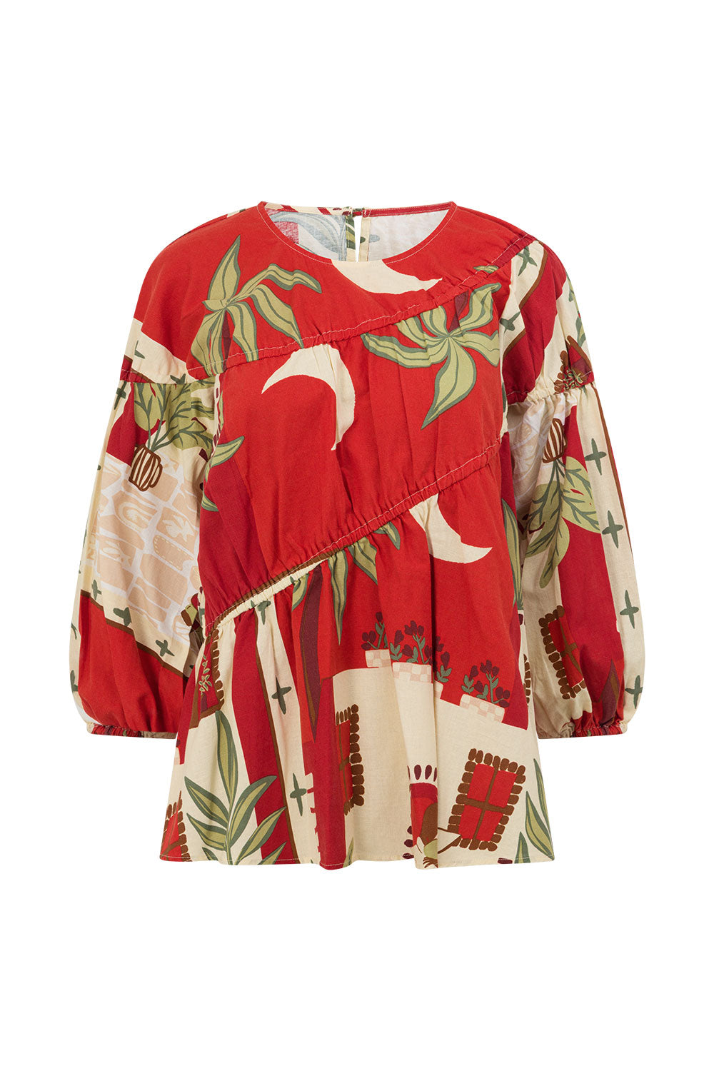 Red Palma Vista Print Long Sleeve Ruched Belinda Top