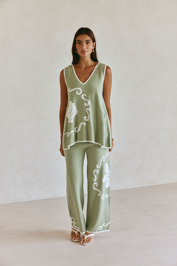 Green Ocean Relic Print Knit V Neck Malani Top