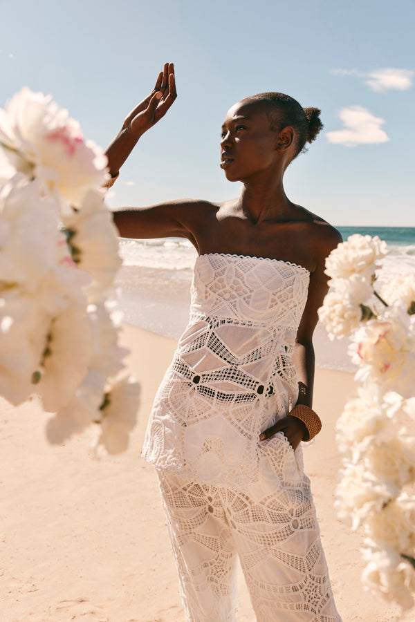 White Embroidered Cutwork Wide Leg Donna Pants