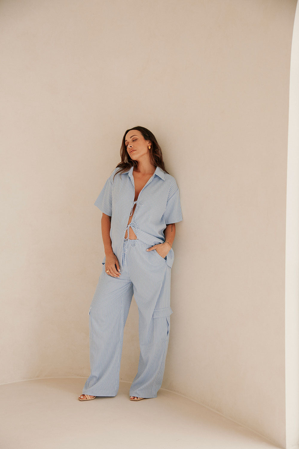 Blue Short sleeve Collar Tie Split Brielle Top