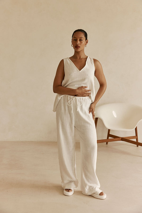 White Elastic Drawstring Relaxed Ditta Pants