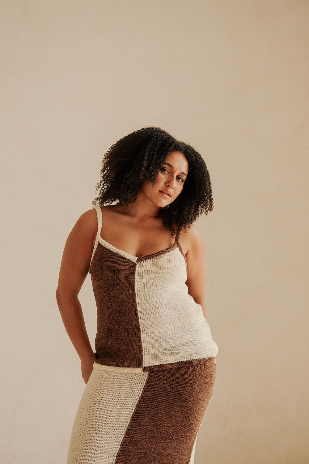 Mira Two Toned V Neckline Knit Top - Brown, White