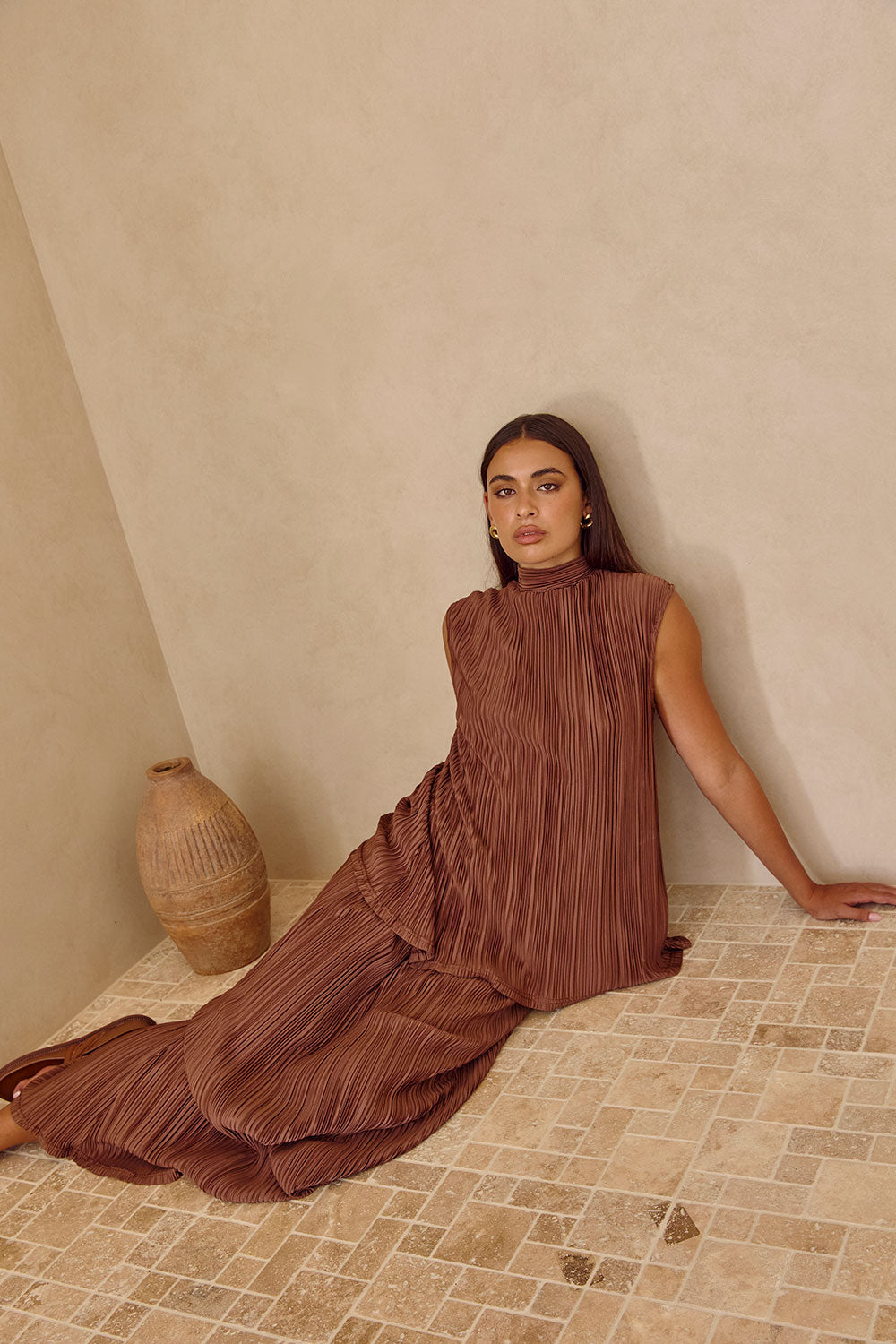 Brown Silky Pleat Drawstring Maxi Catalyna Skirt