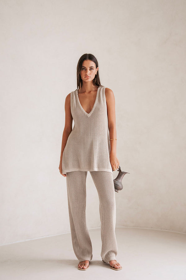 Beige Knit V Neck Ailish Top