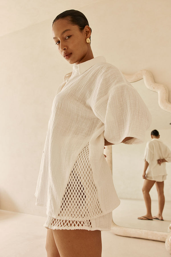 White Cotton Short Sleeve Button Up Inara Top