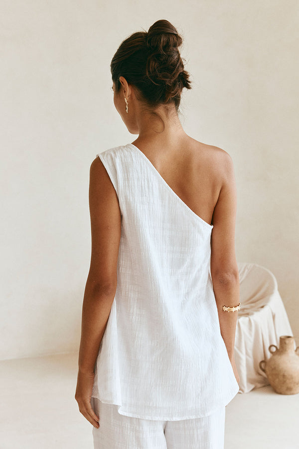 White Plaid One Shoulder Split Knot Sofia Top