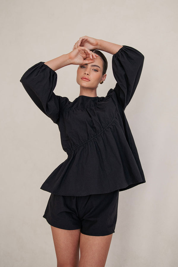 Black Long Sleeve Panelled Flounce Akel Top