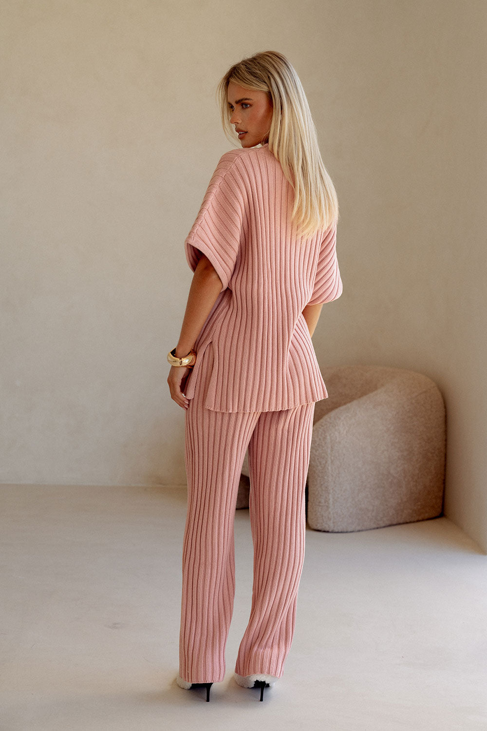 Blush Pink Ribbed Knit Short Sleeve Celine Top
