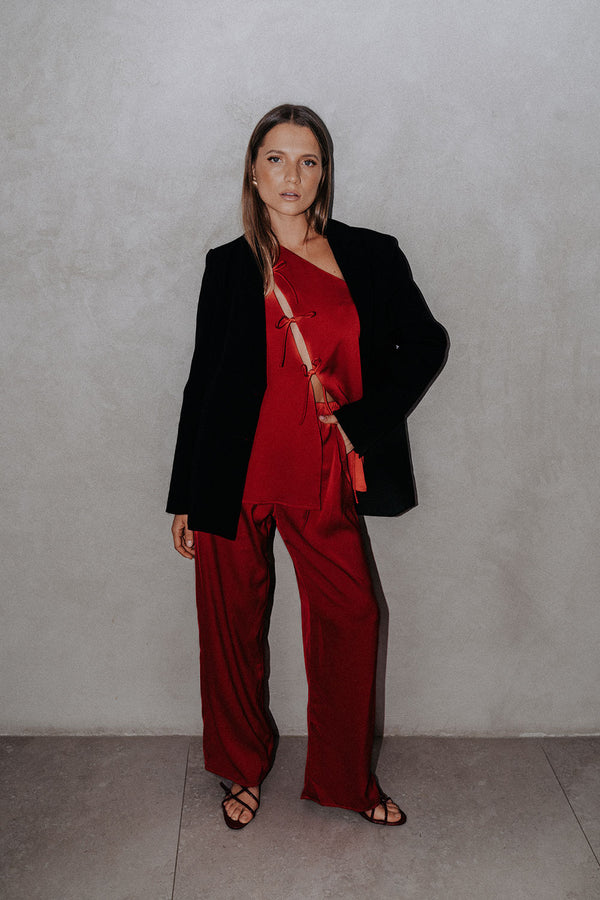 Red Backless One-Shoulder Front Tie Natalie Jumpsuit