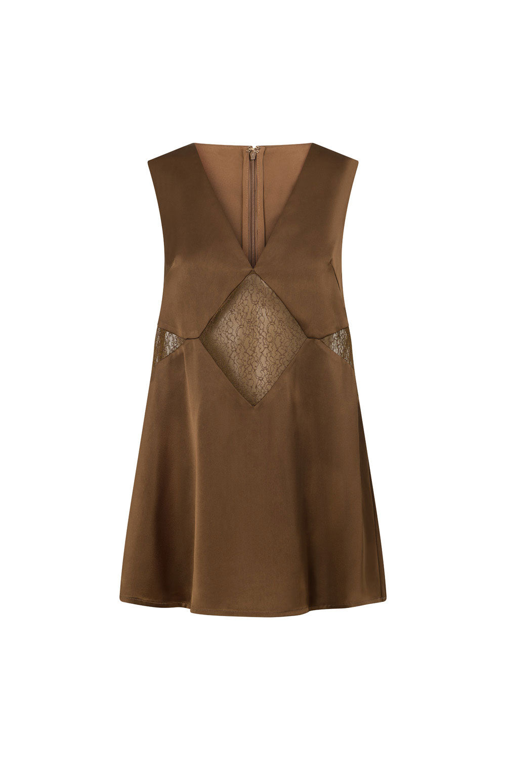 Brown Silky V Neck Lace Panel Zuri Top