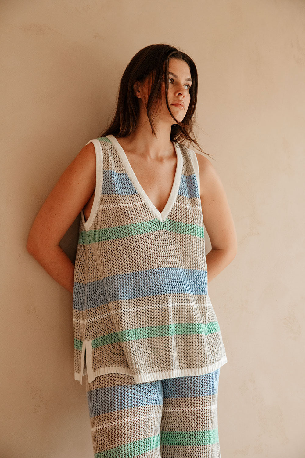 Astea V Neckline Knit Top - Grey, Green, Blue, White Stripe